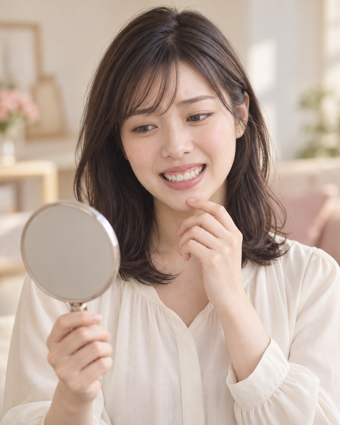 鏡で歯ぐきや口元を気にする20代女性のイメージ
